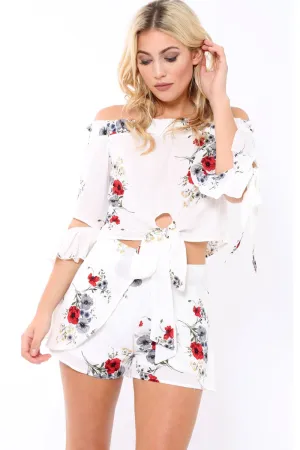 White Floral Print Shorts - Joney