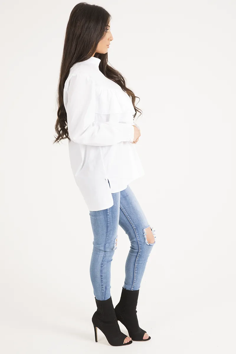 White Frill Detail Oversized Shirt - Lydia