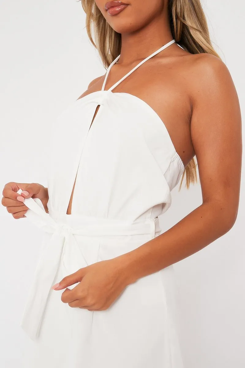 White Front Cut Out Halter Neck Playsuit - Breyah