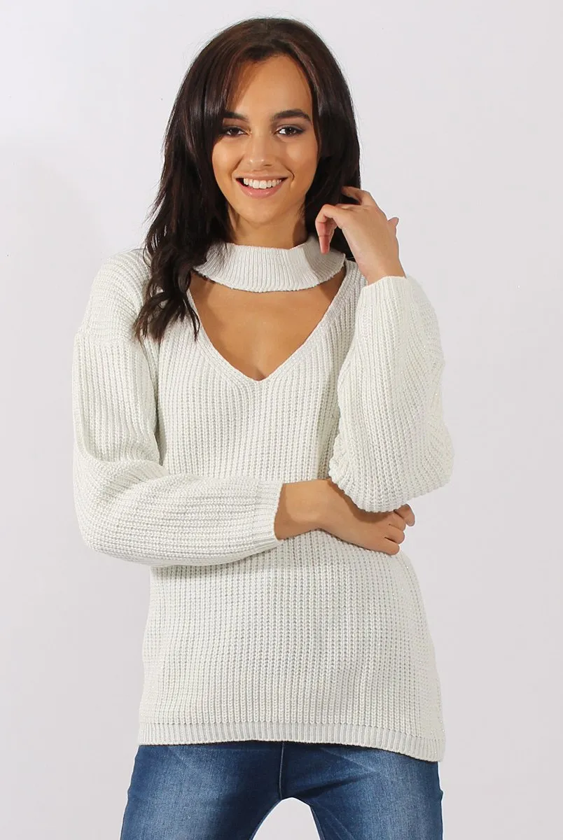 White Sparkle Knitted Cut Out Front Jumper - Meri